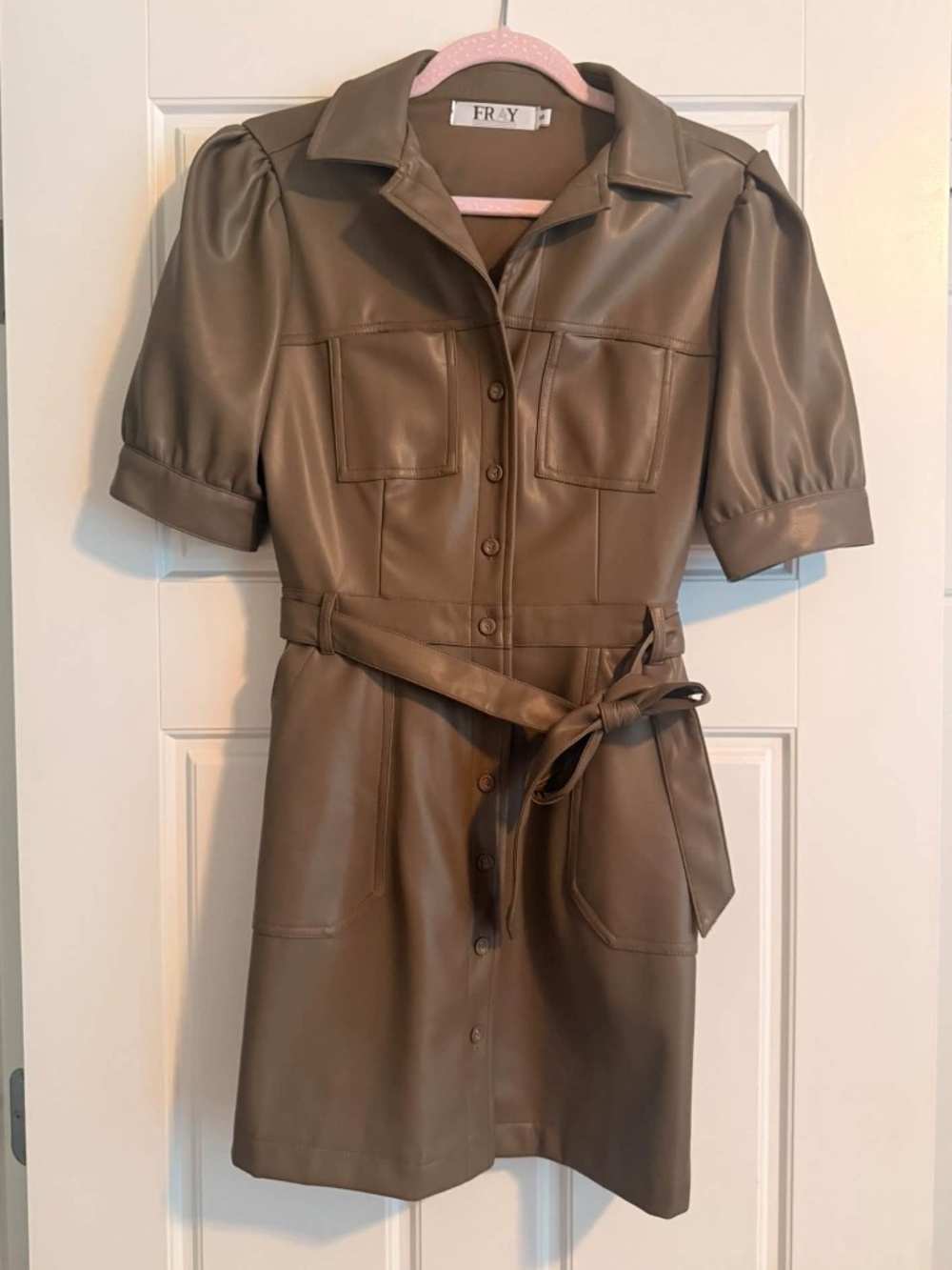 FRAY Brown Faux Leather Puff Sleeve Belted Dress